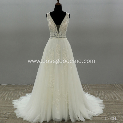 Gorgeous Long Chapel Train A Line Satin Wedding Dresses with Sheer Long Sleeves Crew Neckline Lace Appliques Bridal Gown